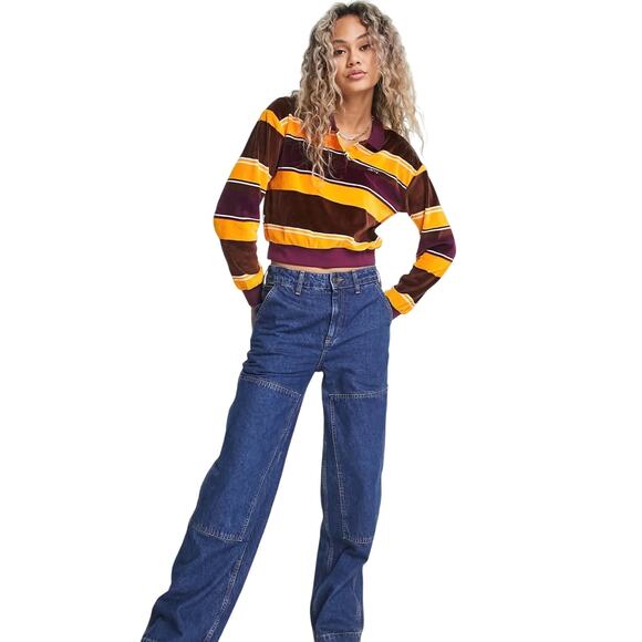 Obey Striped Velour Polo Jumper Sweater Women's Medium Beetroot Multi Color - Picture 1 of 11